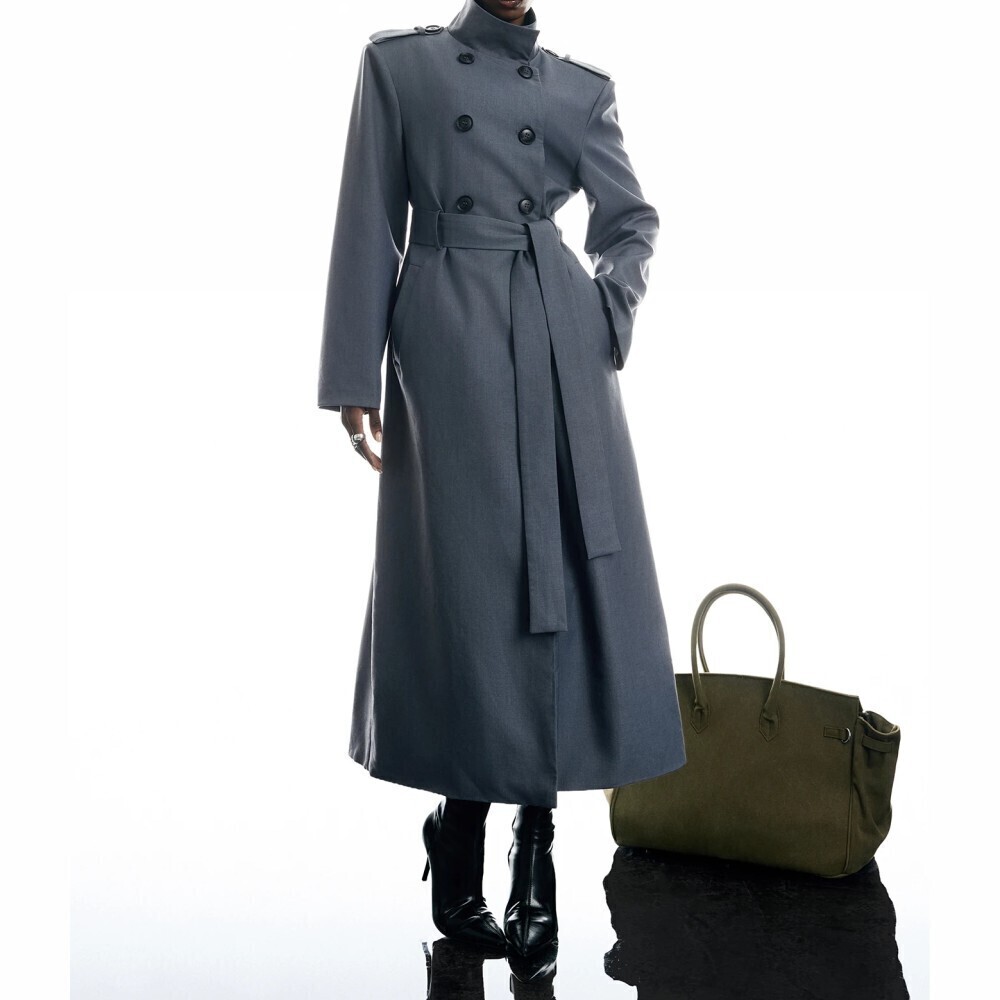 Gray Stand Collar Double Breasted Belted Long Line Trench Coat